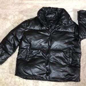 Avec Les Filles Black Puffer Jacket Women’s Faux Leather Coat Size L